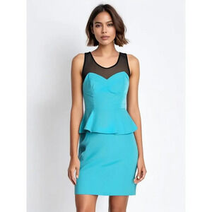 NWT Bebe Blue Mesh Yoke Sleeveless Peplum Midi Dress XS‎ Party Cocktail
